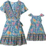 Mommy and Me Dresses Boho Casual Maxi Dress Summer Short Dress V Neck Wrap Floral Print Short Sleeve