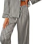 Women Silk Satin Pajama Sets 2 Piece Sleepwear Pjs Set Long Sleeve Button Down Top and Pants Stripe Loungewear S-XXL