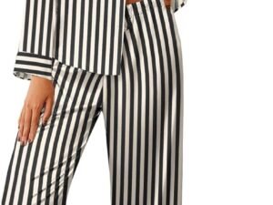Women Silk Satin Pajama Sets 2 Piece Sleepwear Pjs Set Long Sleeve Button Down Top and Pants Stripe Loungewear S-XXL