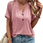 Boho Tops for Women Short Sleeve Floral Print Blouse Shirts Summer Casual Loose Button Down V Neck Dressy Shirt